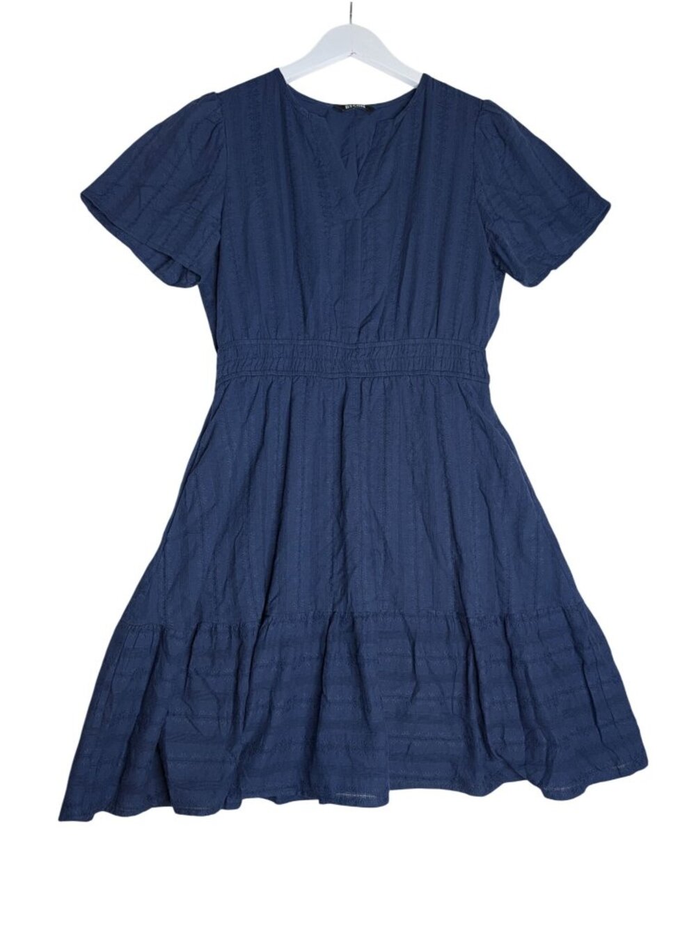 BTFBM Womens Navy Blue Short Sleeve V-Neck-Tiered Mini Dress Cotton Boho Style S - Picture 2 of 14